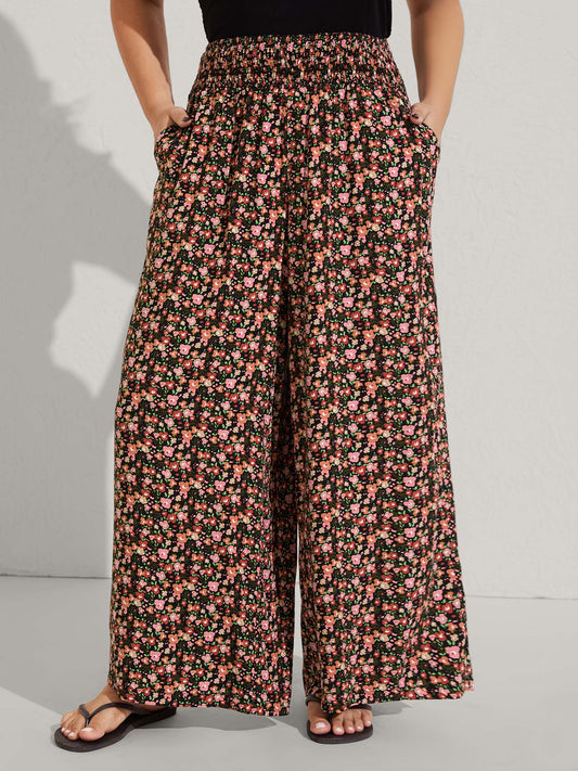 Shirred Waist Ditsy Floral Wide-Leg Pants