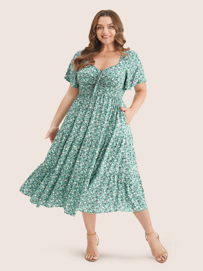 Ditsy Floral Sweetheart Drawstring Pocket Tiered Dress