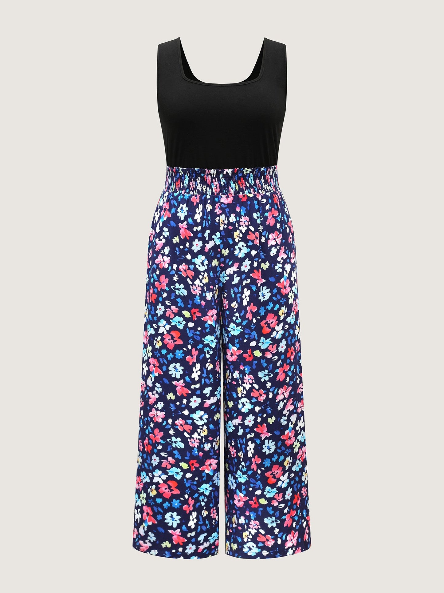 Floral Color Contrast Shirred Jumpsuit