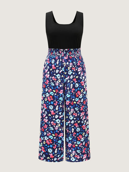 Floral Color Contrast Shirred Jumpsuit