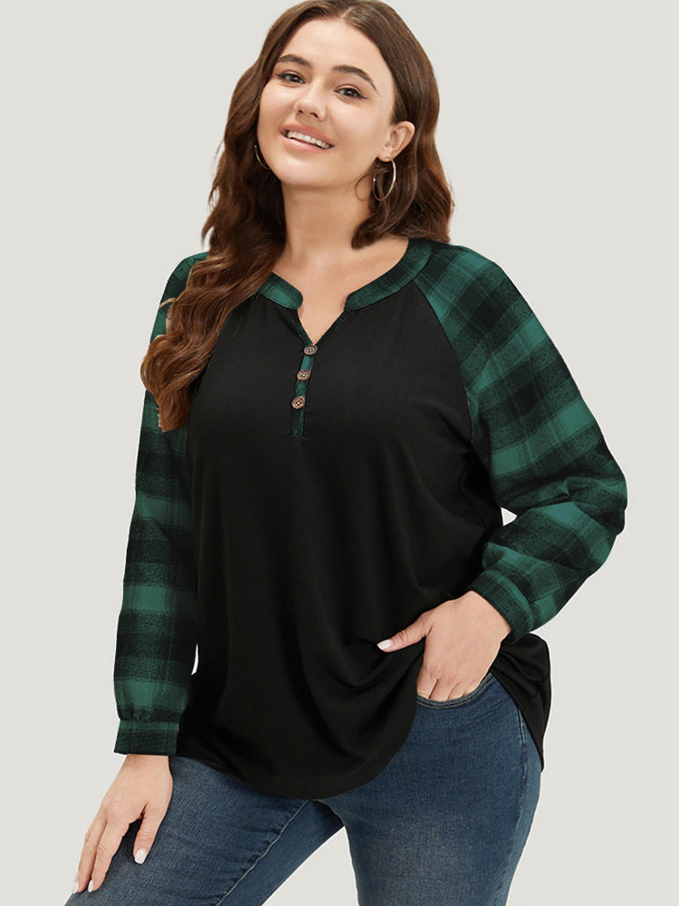 Plaid Patchwork Notched Button Detail Sweatshirt