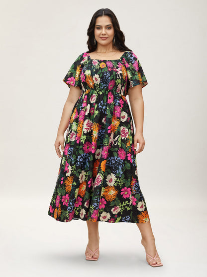 Floral Shirred Square Neck Pocket Midi Dress