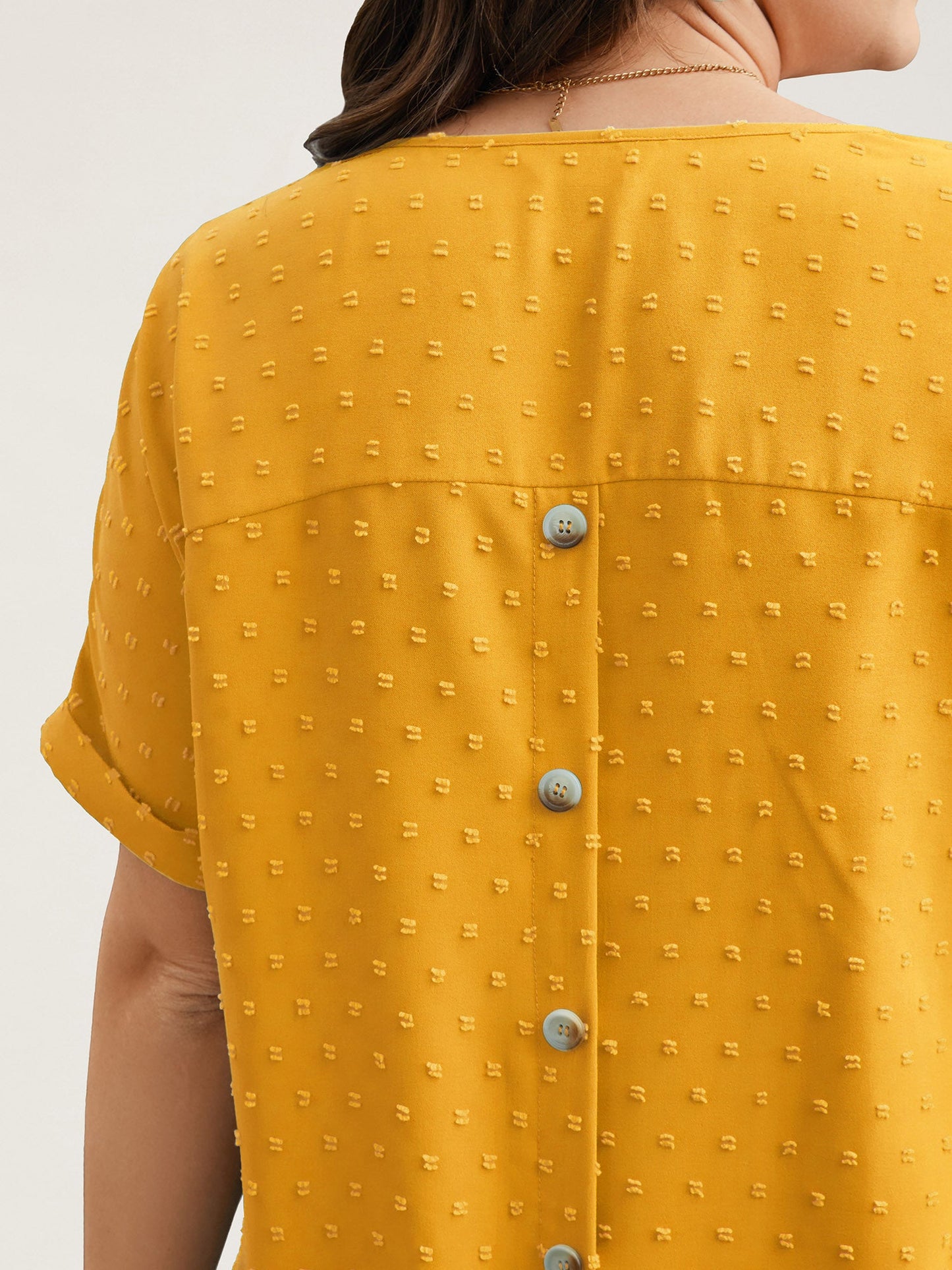 Back-Button Textured V-Neck Shirt