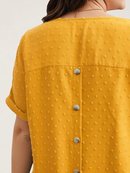 Back-Button Textured V-Neck Shirt