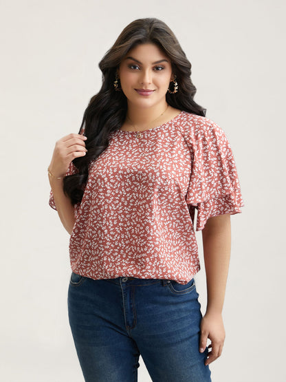 Ditsy Floral Print Tiered Lotus Leaf Sleeve Shirt