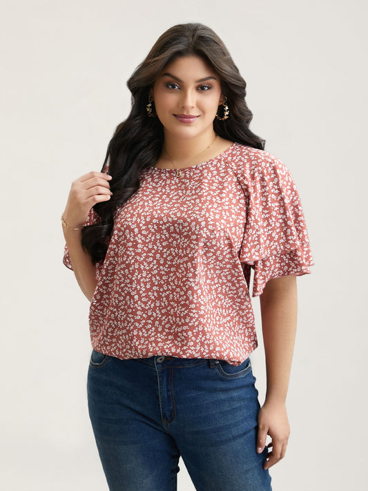 Ditsy Floral Print Tiered Lotus Leaf Sleeve Shirt