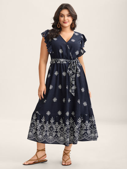 Rayon Stretchy Waist Pockets Flutter Midi Dress
