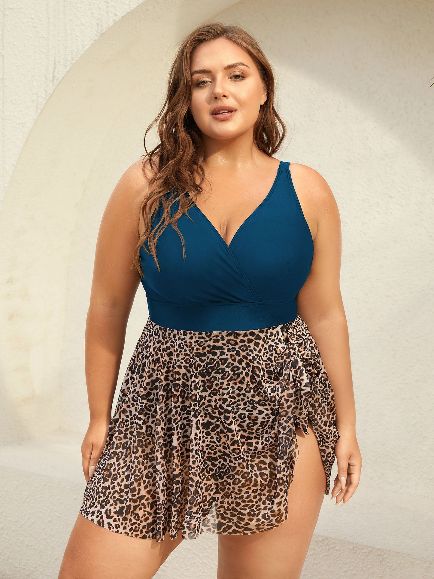 Leopard Print Knotted Surplice Swim Dress