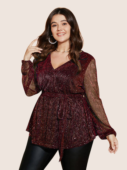 Sequin Mesh Lantern Sleeve Wrap Belted Striped Blouse
