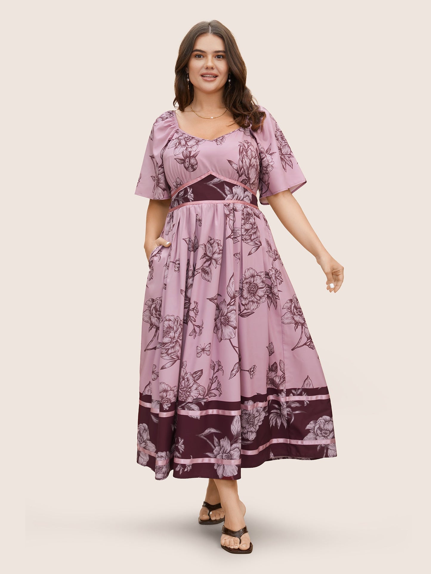 Boho Print Heart Neckline Ruffle Sleeve Maxi Dress