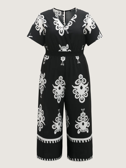 Boho Print Shirred Waist Surplice Jumpsuit