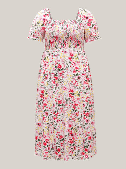 Shirred Floral Print Pockets Maxi Dress
