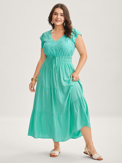 Cotton Embroidered Tie Pockets Midi Dress