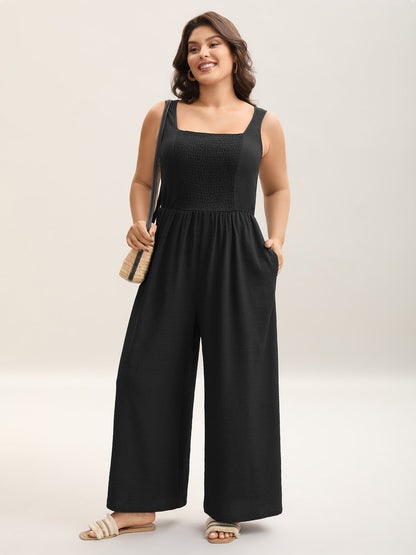 Shirred Pockets Wide-Leg Plain Jumpsuit