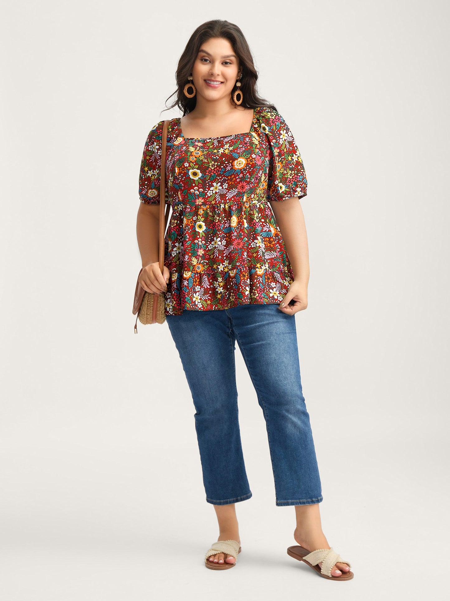 Floral Square Neck Fit and Flare Blouse