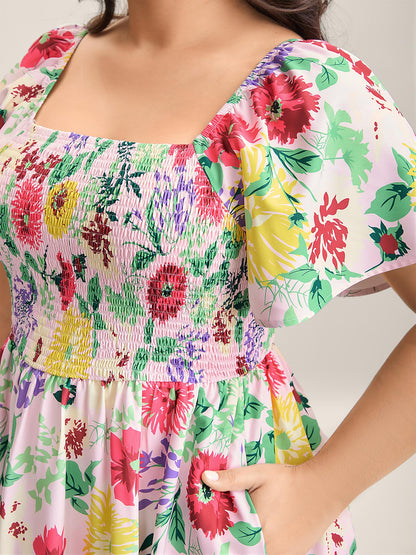 Floral Shirred Square Neck Pocket Midi Dress