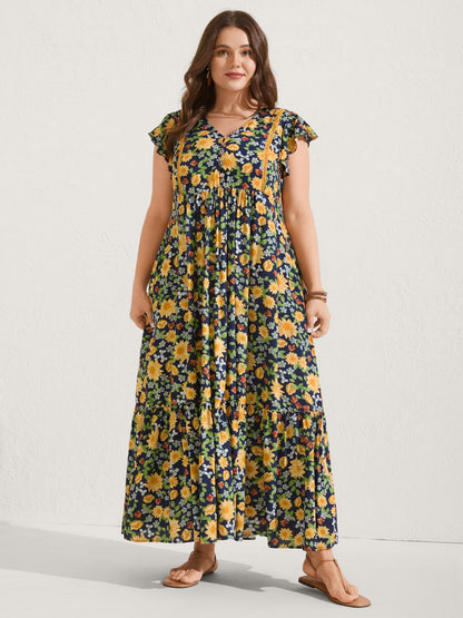 Sweet Floral Lace Trim Tiered Maxi Dress