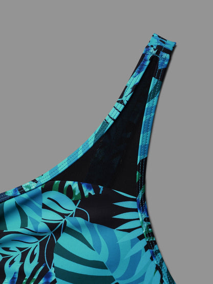 Tropical Print Patchwork Mesh Side Slit Swim Dress