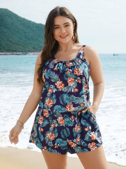 Tropical Flower Print Pockets One-Piece Swimsuit