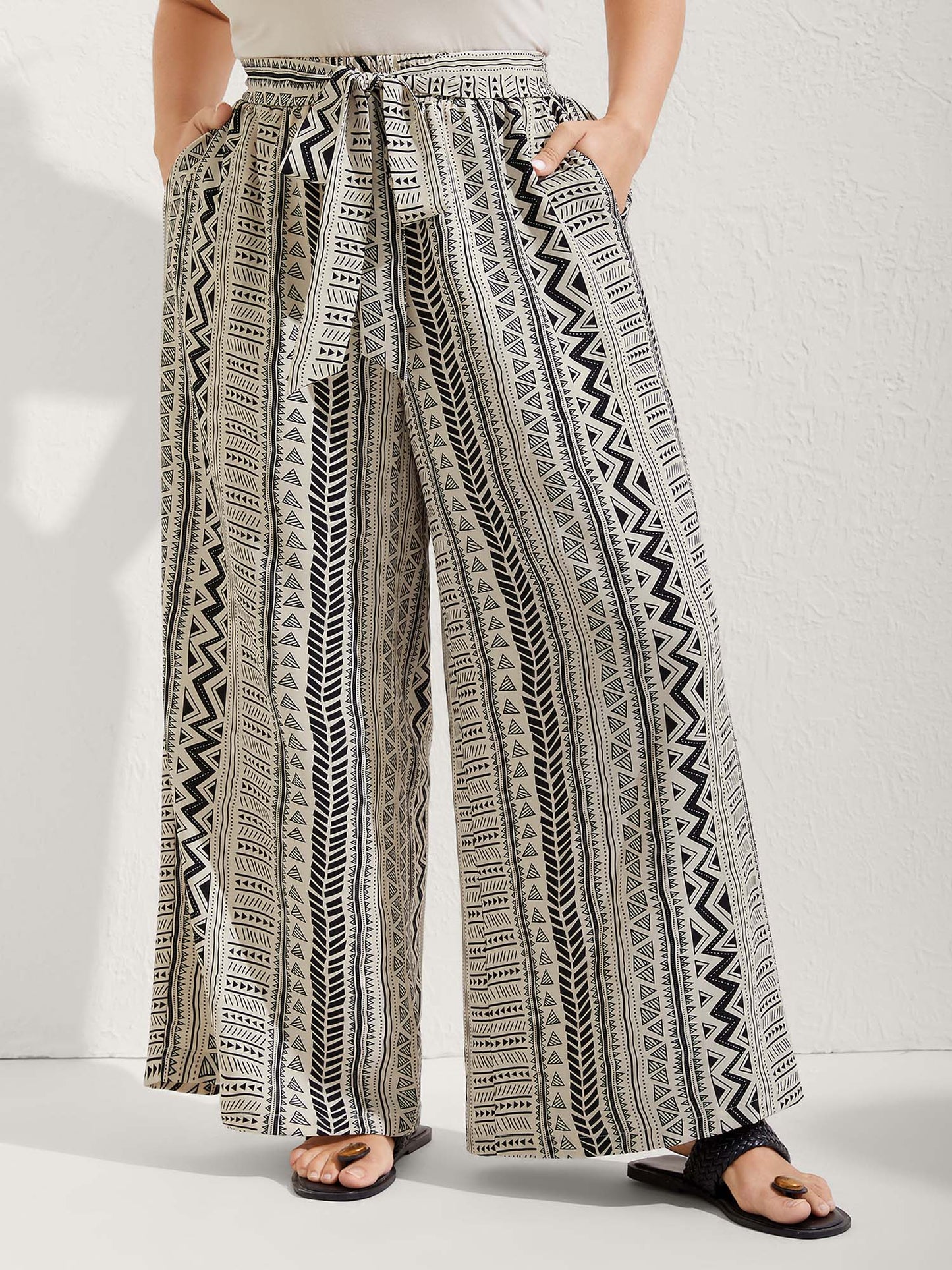 Waist-Tie Wide-Leg Boho Print Pants