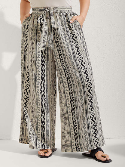 Waist-Tie Wide-Leg Boho Print Pants
