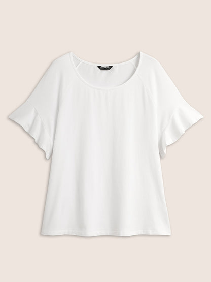 Cotton Round Neck Plain Patchwork Ruffles T-shirt