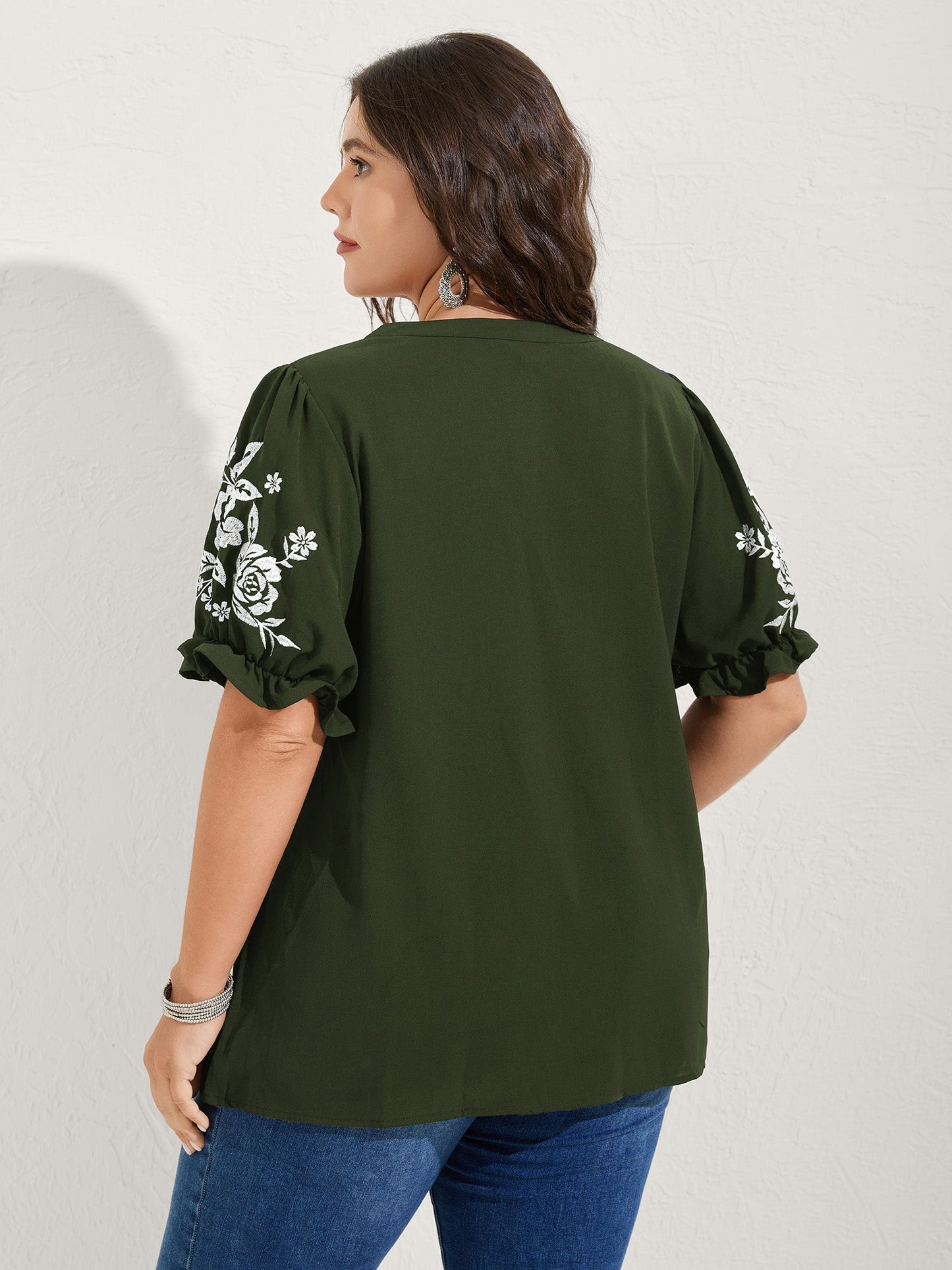 Notched Collar Embroidered Ruffled Blouse