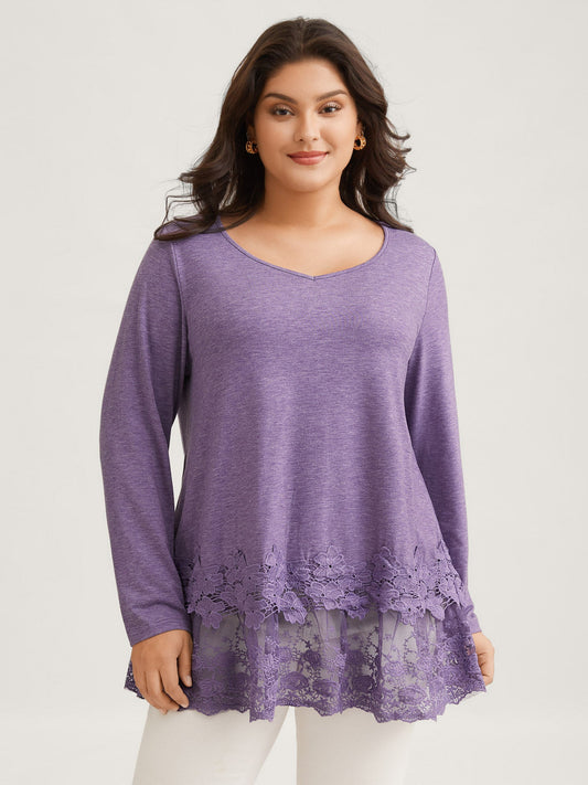 V Neck Lace Panel Jersey Top