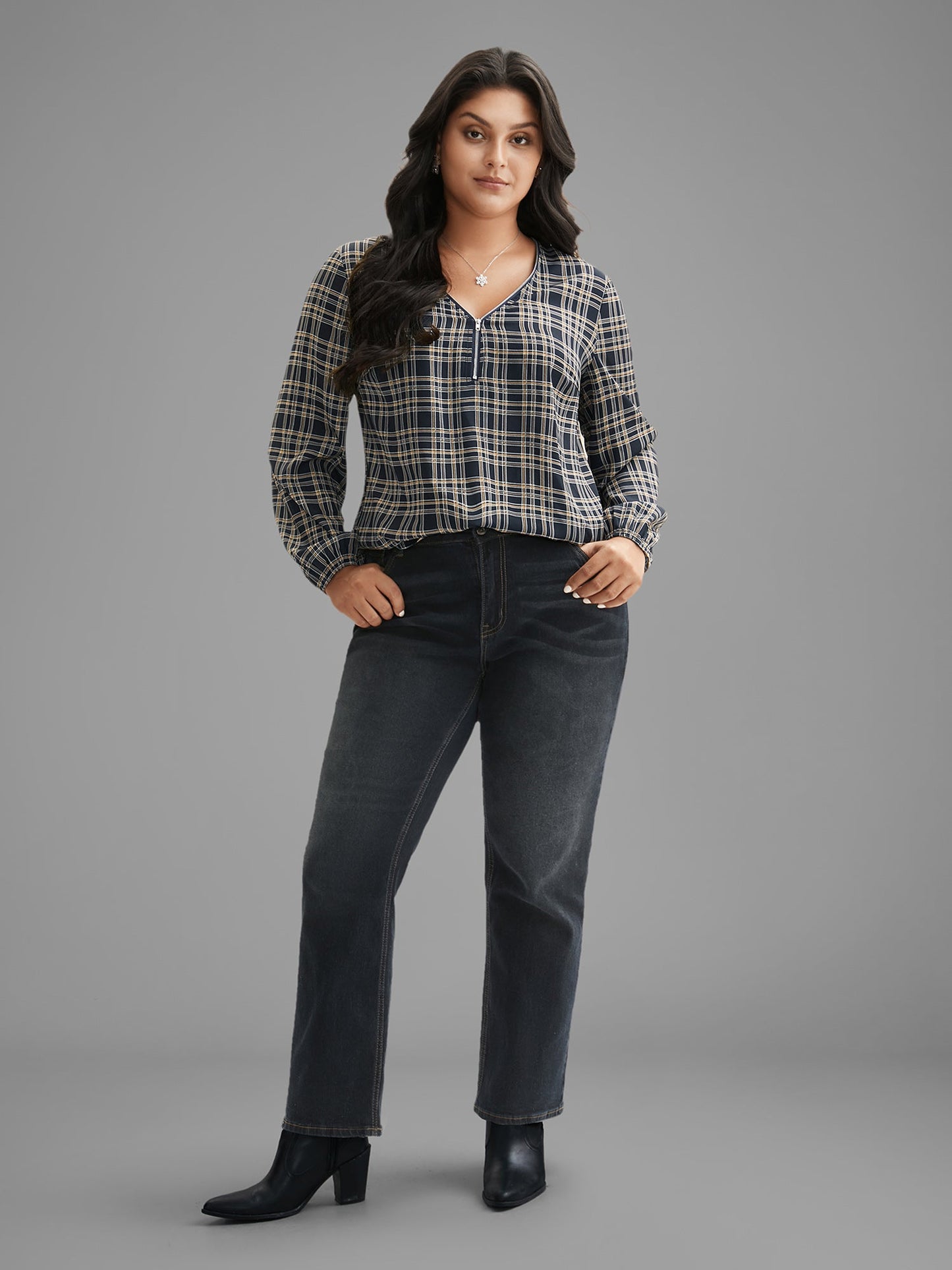 Plaid Zipper Front Lantern Sleeve Blouse