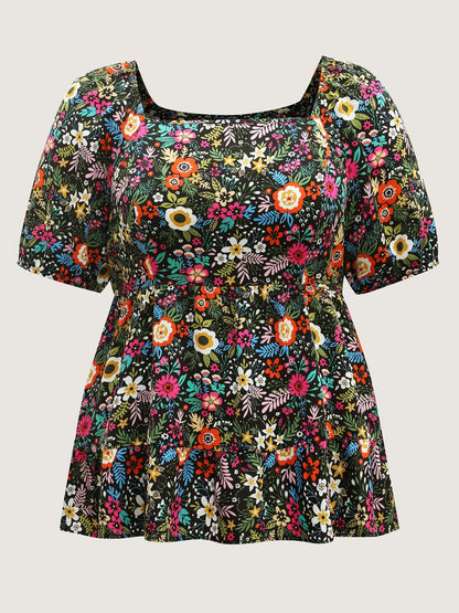 Floral Square Neck Fit and Flare Blouse