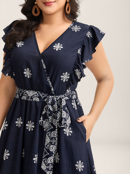 Rayon Stretchy Waist Pockets Flutter Midi Dress