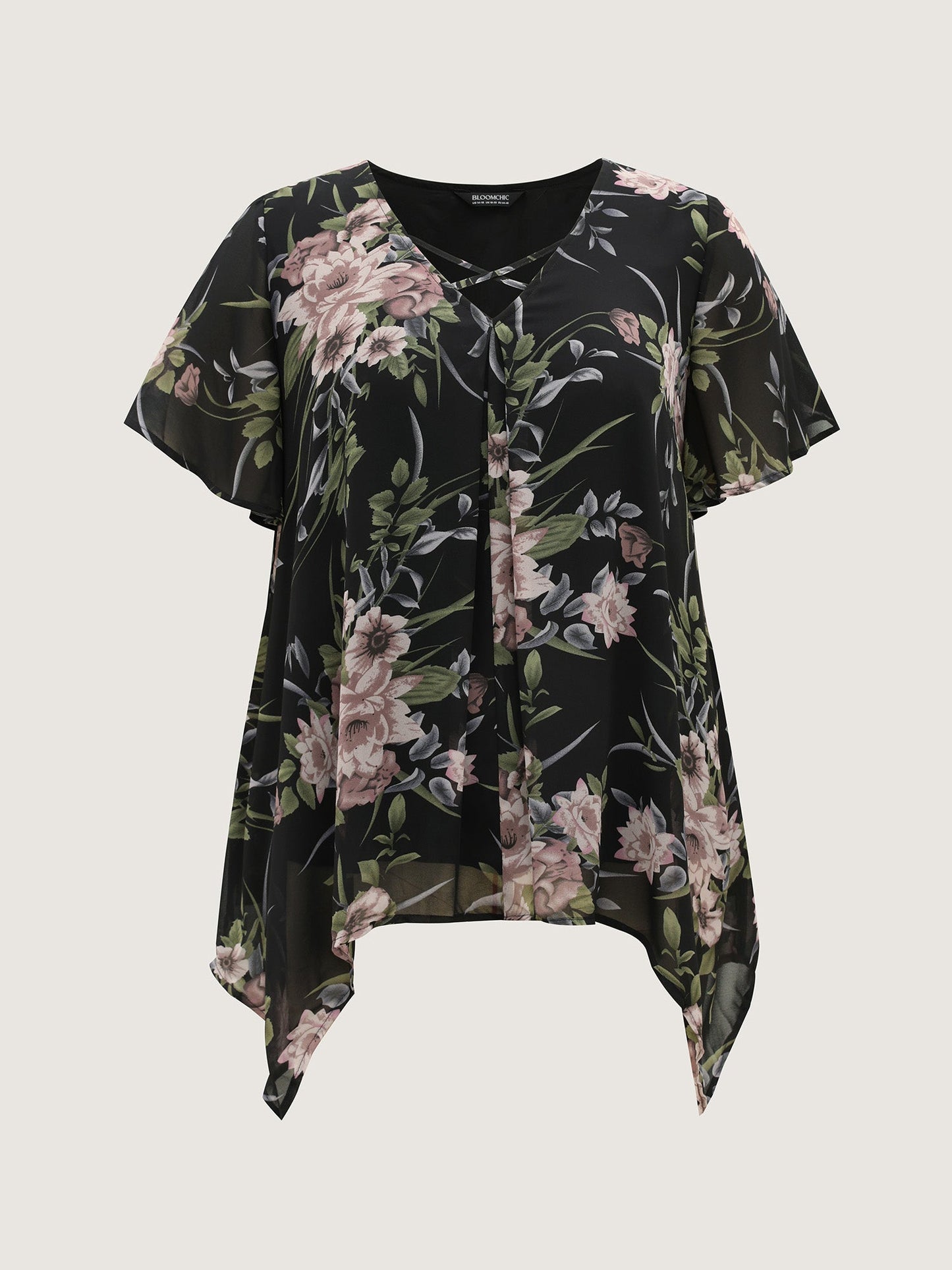 Chiffon Floral Crisscross Hanky Hem Blouse