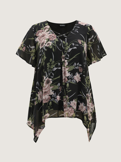 Chiffon Floral Crisscross Hanky Hem Blouse