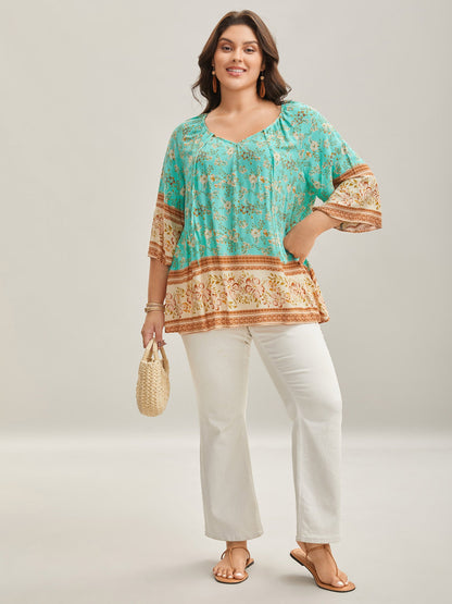 Boho Print Neck Ties Relaxed Fit Shirt