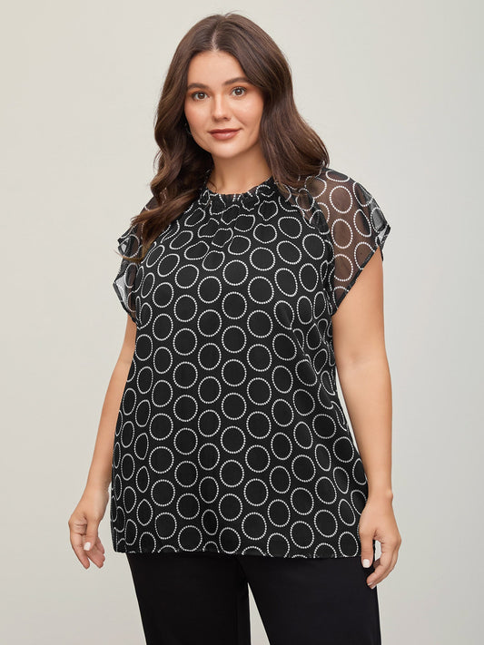 Polka Dot Mock Neck Mesh Patchwork Blouse