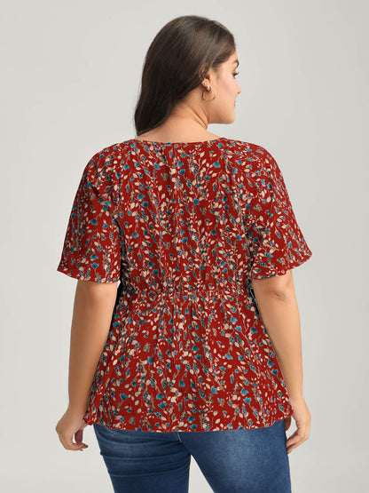 Bust-Comfort Floral Print Tie Blouse