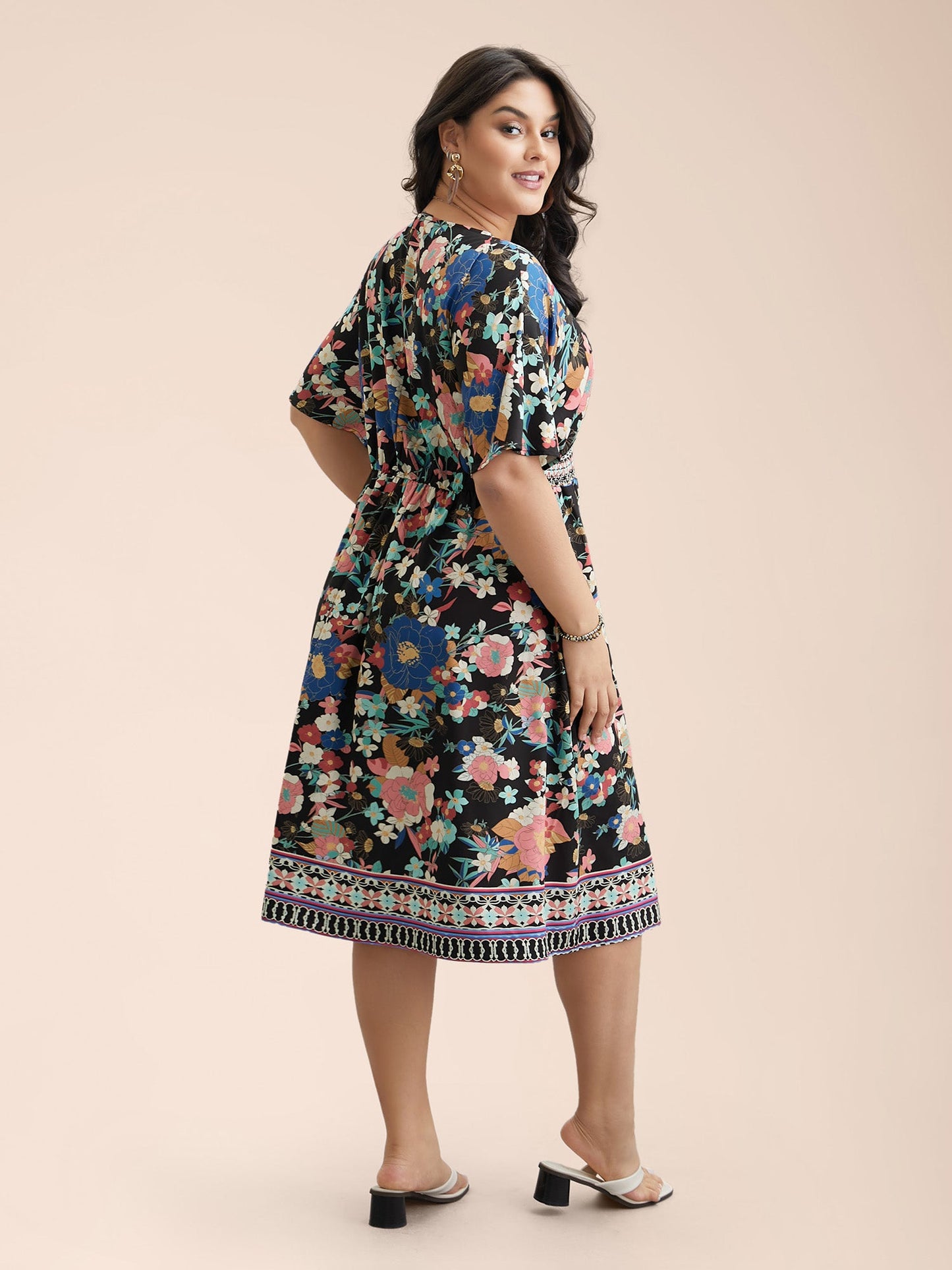 Boho Print Shirred V-Neck Flared Midi Dress