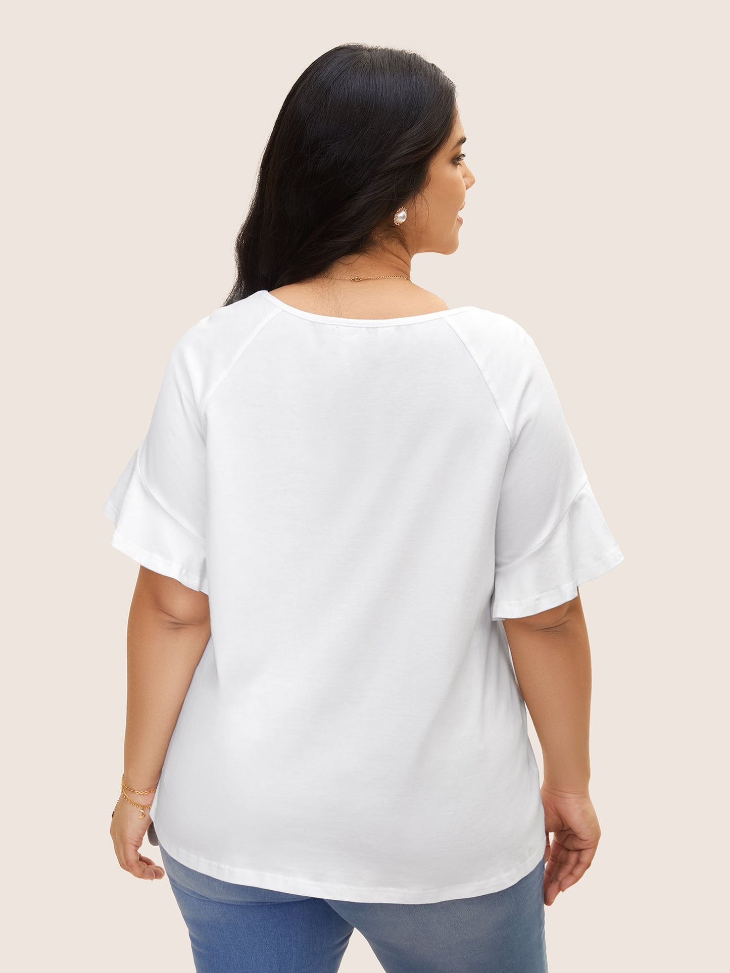 Cotton Round Neck Plain Patchwork Ruffles T-shirt