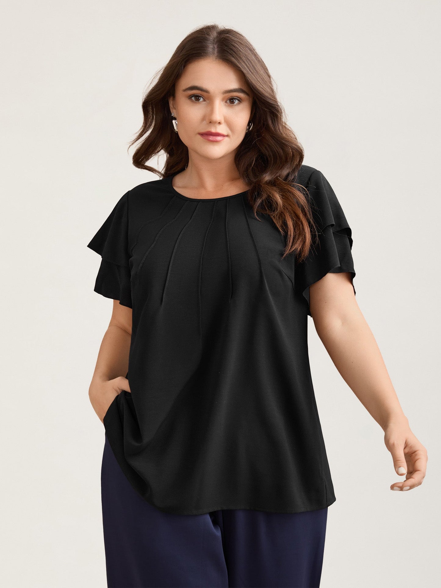 Toothpick Pleat Layered Flutter Sleeve Blouse