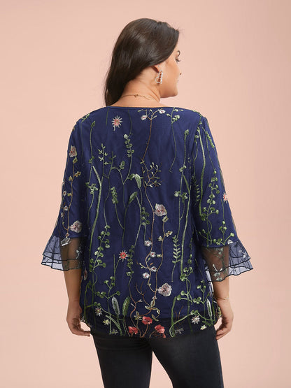 Embroidered Mesh Lotus Leaf Sleeve Blouse