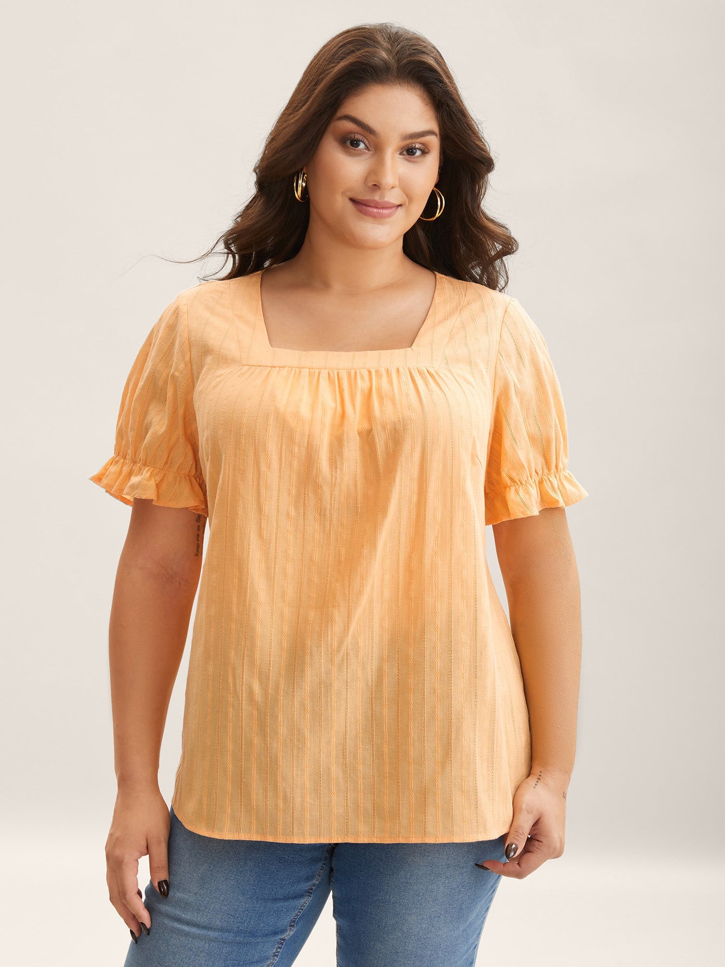 Cotton Square Neck Ruffled Sleeve Shirt