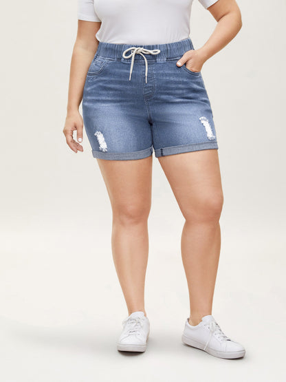 Distressed Drawstring Roll Hem Denim Shorts