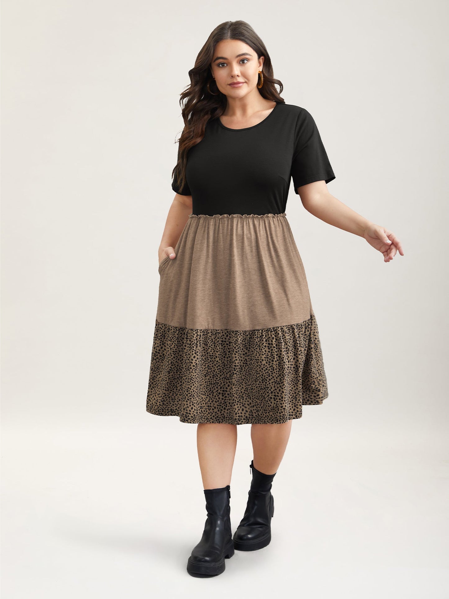 Leopard Print Color-Block Pockets Midi Dress