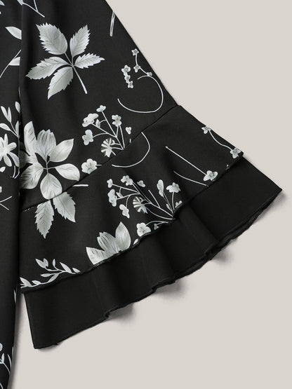 Floral Print Ruffled V-Neck Shirt