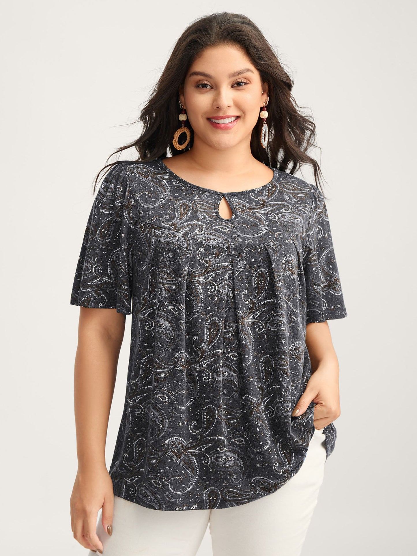 Paisley Print Neck Cut-Out Pleated Top