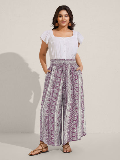 Boho Print Shirred Waist Wide-Leg Pants