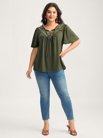 Geometric Embroidery Neck-Tie Top