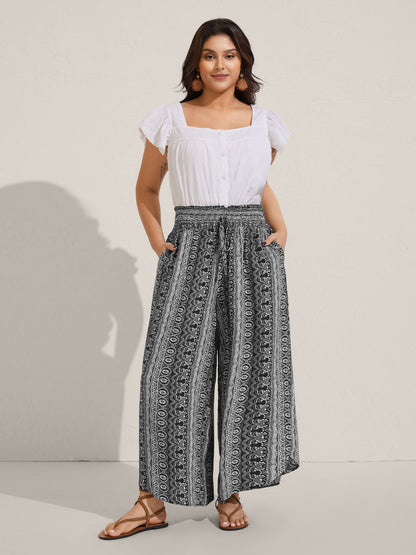 Boho Print Shirred Waist Wide-Leg Pants
