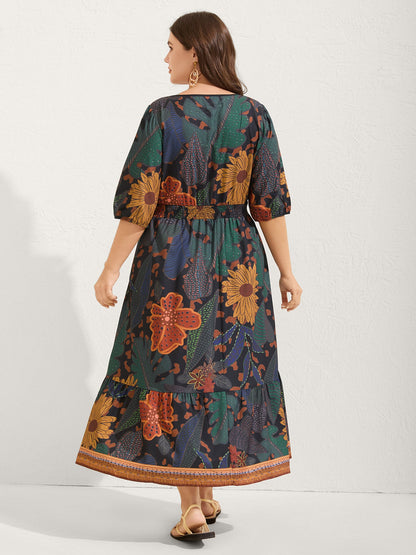 Floral Shirred Lantern Sleeve Midi Dress