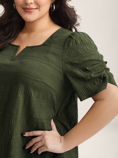 Textured Gathered Sleeve Split Neck Blouse